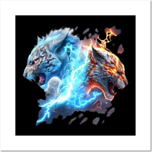 Elemental lightning tigers fire and ice battle Posters and Art